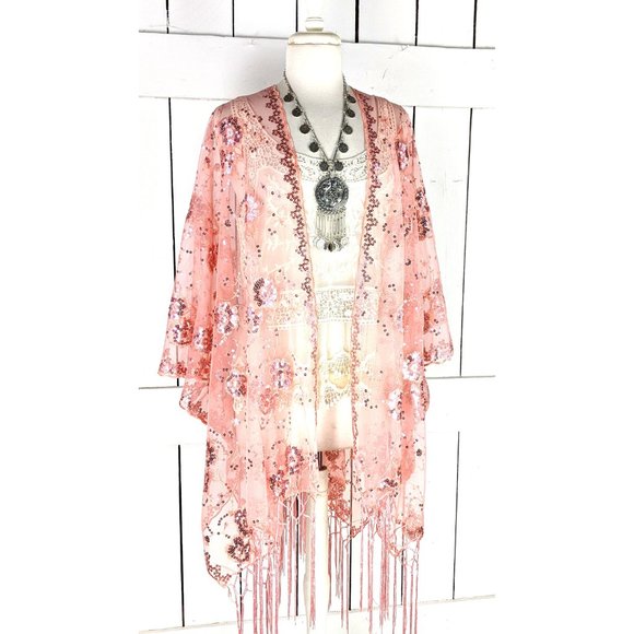 Sheer peach pink net sequin floral fringe kimono cardigan cover up jacket - Picture 2 of 7